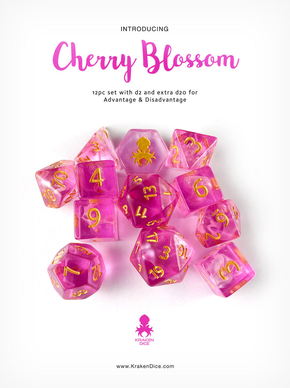Cherry Blossom 14pc DnD Dice Set With Kraken Logo